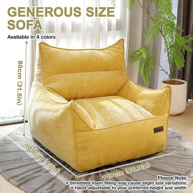 Giant Bean Bag Chair, Beanbag Chairs for Adults, Teens & Kids, Comfy Sofa Chair with Handle & Filling for Living Room, Reading & Gaming, Non-Slip(Yellow-XL)