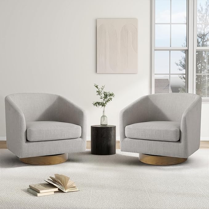 Swivel Barrel Chair, Modern Round PU Leather Accent Armchair for Living Room, Bedroom, Oversized Comfy Club Reading Chairs for Adults (Fabric Khaki, Set of 2)