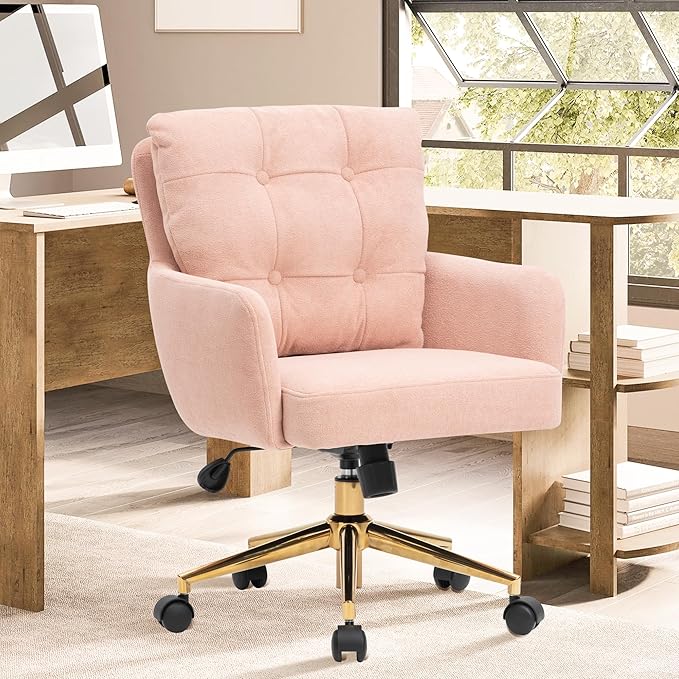 BALIAA Flannel Office Chair, Comfy Home Office Desk Chairs with Lumbar Support, Modern Velvet Desk Chair Gold Legs Small Swivel Task Chair for Home Office, Bedroom, Study (Pink, L)