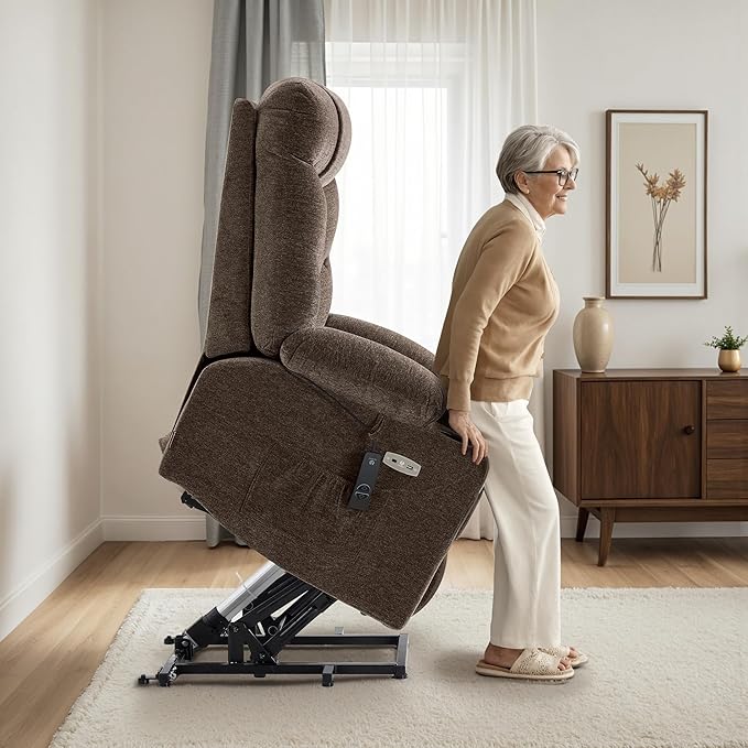 MCombo Oversized Power Lift Recliner Chair with Extended Footrest, Extra Wide 27.2" for Big and Tall Elderly People, Fabric R7399 (Brown, Large-Oversize)