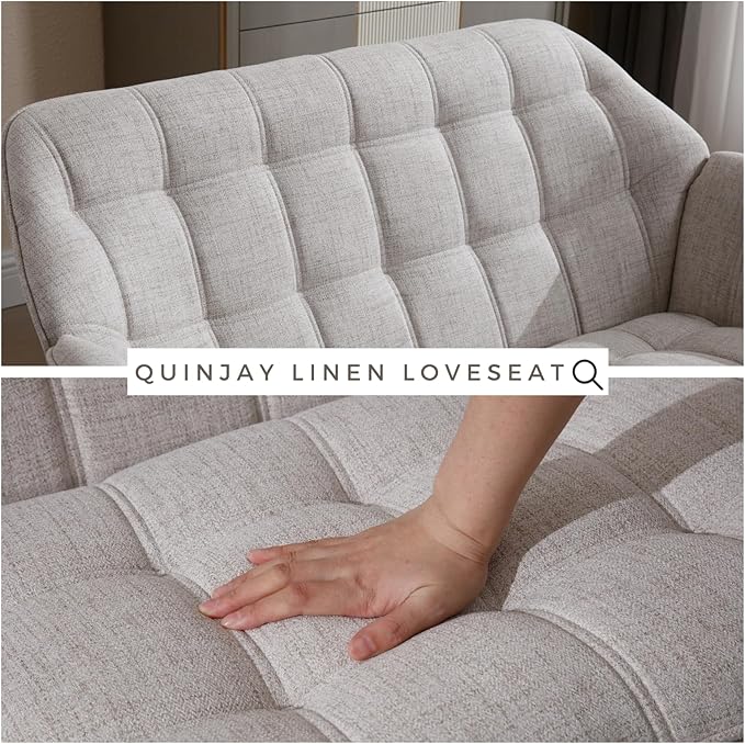 QUINJAY 48" Small Loveseat Sofa, Modern Linen Fabric Mini Sofa Couch 2-Seater Love Seat with Quilting Backs and Wood Legs for Living Room, Bedroom and Small Space, Beige