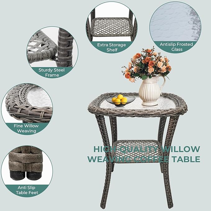 Sgentle Wicker Rocking Chair Set of 2, 3-Piece Outdoor Patio Rocker Chair with Cushions & Steel Frame, All-Weather Outdoor Rattan Rocking Chair with Side Table for Lawn Porch Garden (Grey, Style 3)