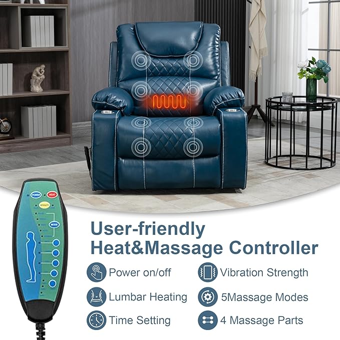Oversized Power Lift Recliner Chair 400 LBS for Big and Tall, 25" Extra Wide Electirc Recliner Chair Living Room Sofa with Massage and Heating, Dual Motor Leather Home Theater Seat,Blue