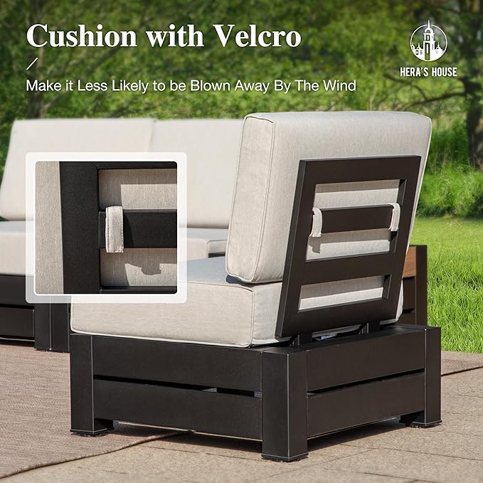 HERA'S HOUSE Patio Furniture Set, 4 Pieces All-Weather Outdoor Sectional Sofa with 28" Coffee Table & 5.9" Thick Waterproof Cushions, Modular Conversation Set for Garden Deck Backyard (Easy Assembly)