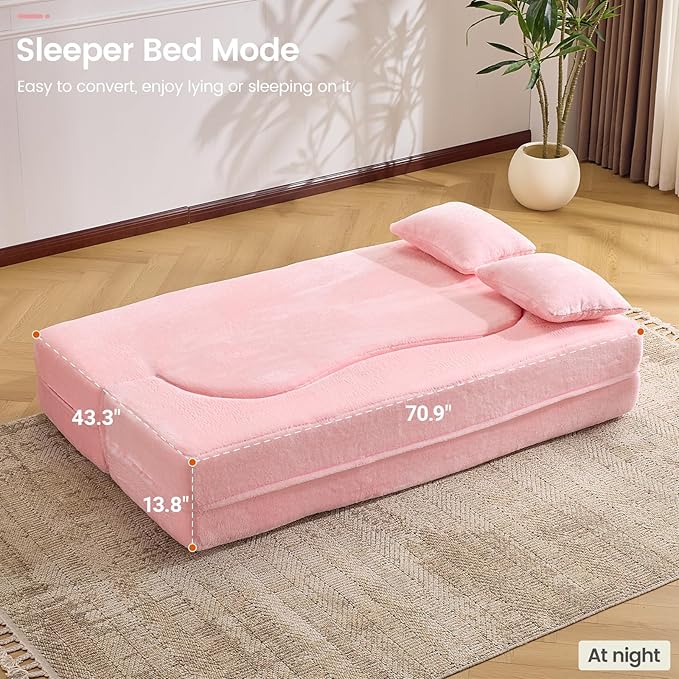 Orynveela Convertible Folding Sofa Bed, 71” Single Size Floor Sleeper Couch, Chenille Full Foam Futon Loveseat for Living Room Bedroom, No Assembly Required (Pink)