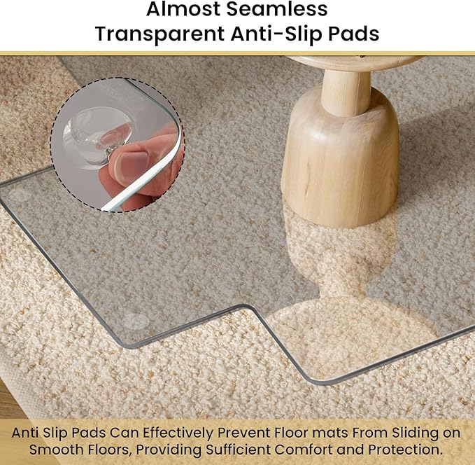 VSARHouse Irregular Tempered Glass Office Chair Mat with Lip, 53"x45" Glass Floor Mat for Carpets or Hard Floors, with Tabbed and Non-Slip Pads, Effortless Rolling, Thick 0.2"