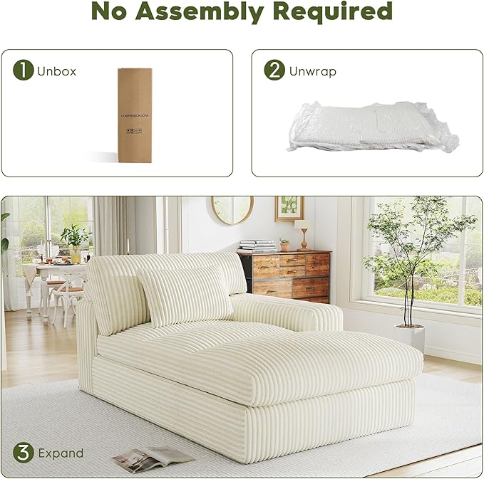 Oversized Chaise Lounge Sofa Chair Indoor，Soft Corduroy Fabric, Boneless sofawith Cushion，A Comfortable, deep-Seated Cloud Sofa for use in The Living Room.(Singler-Right-arm-White)