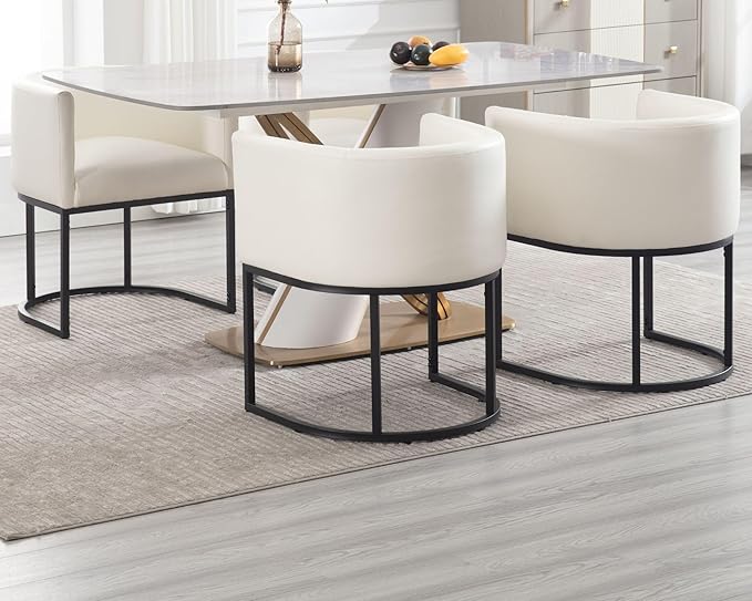 VESCASA Faux Leather Upholstered Dining Chairs with Barrel Back, Modern Padded Restaurant Chairs with Black Metal Frame for Kitchen, Dining Room, Set of 3, White