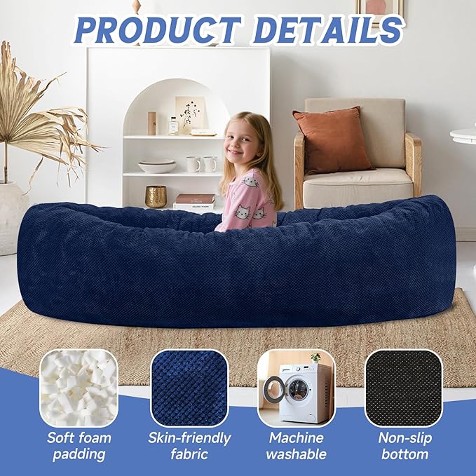 HAHASOLE Sensory Chair for Autistic Children - Foam Peapod Sensory Canoe with Non-Slip Base, Soft Cover Machine Washable, Calming Cocoon for Kids(Navy Blue)