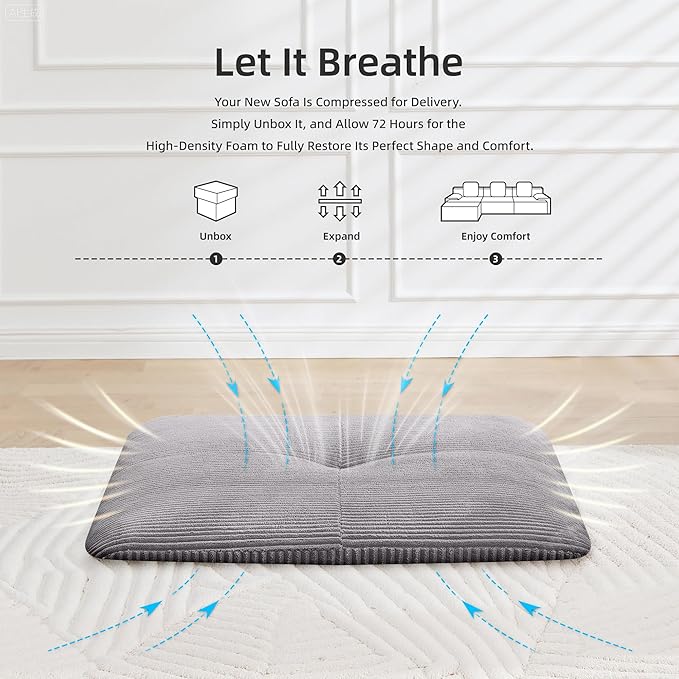 118" Boneless Couches for Living Room, Modular Cloud Sectional Couch with L-Shape Chaise, Modern Upholstered Sofa with Deep Seat, No Assembly Required, Plush Corduroy, Gray