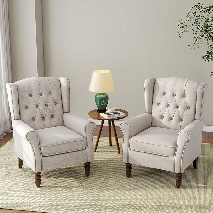 DREAMSIDEA Accent Chair, Upholstered Armchair with Button Tufted High Back & Solid Wood Legs, Comfy Wingback Reading Single Sofa Chair for Small Spaces, Living Room, Bedroom (Beige, Set of 2)