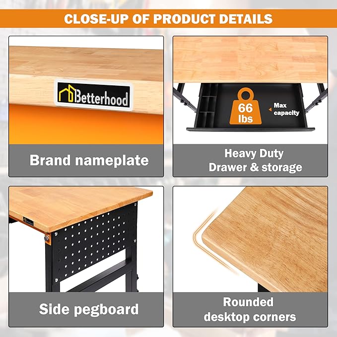 Betterhood 60" Adjustable Workbench for Garage, Rubber Wood Shop Table W/Wheels & Double Pegboards & Drawer, 2000 LBS Load Capacity Hardwood Worktable for Workshop, Garage, Office, Home, Commercial