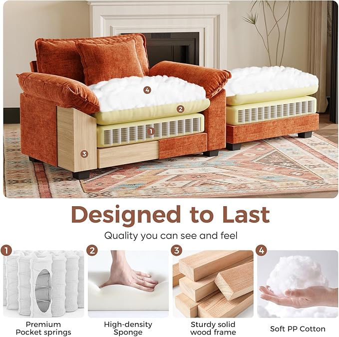 HUSFU Oversized Accent Chair with Ottoman, Chenille Cloud Couch Chair with Deep Seat and Extra Wide Armrests, Comfy Reading Armchair for Bedroom, Living Room, Set of 2, Terracotta Orange