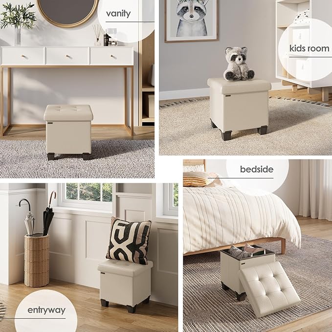 Storage Ottoman Cube with Small Bin, 16-in Square Ottoman with Storage for Living Room and Bedroom, Small Ottomans Foot Rest, Faux Leather Foot Stools Ottomans Max 330lbs, Beige