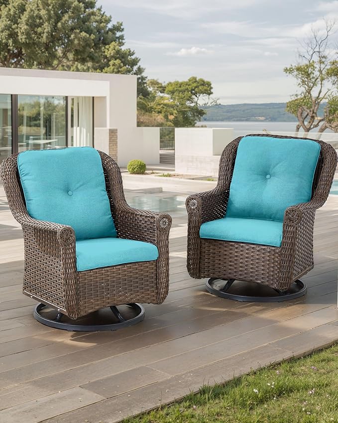 ACTREST Patio Chairs Outdoor Swivel Glider - Set of 2 High Back Outside Brown Wicker Rattan Rocking Chair with Thick Cushion for Porch Apartment Deck Yard Poolside Garden - Turquoise