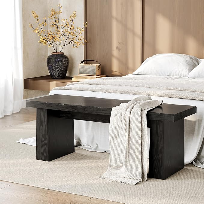 LITTLE TREE 47-Inch Wooden Entryway Bench, Farmhouse Dining Bench with Sturdy Frame for Dining Room, Bedroom, Living Room Hallway Kitchen, Easy Assembly (Black)