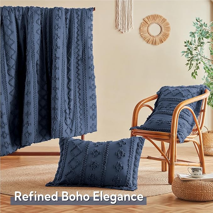 MR&HM Full Size Bed Sheets and Comforter Set Navy Blue, 7 Pieces Tufted Boho Beddding Sets, Farmhouse Style Bed in a Bag with 1 Comforter, 2 Pillow Shams, 2 Pillowcases, 1 Flat Sheet, 1 Fitted Sheet