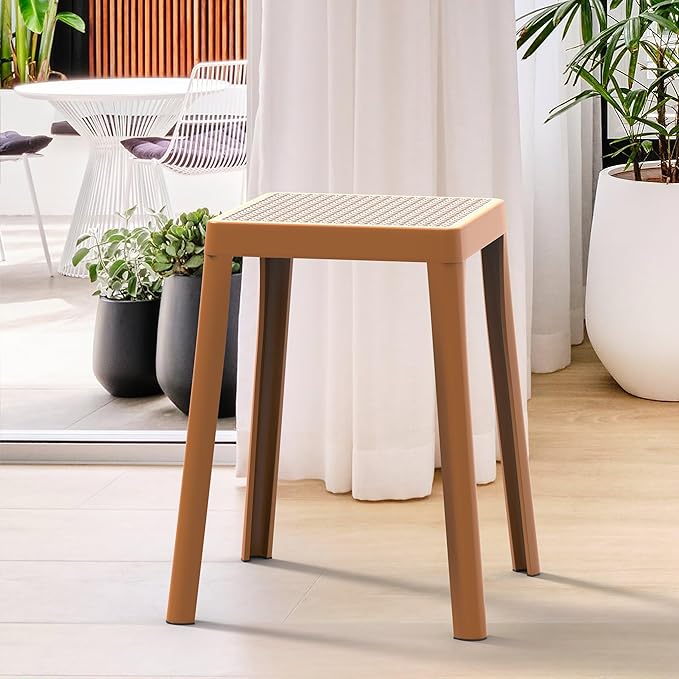 LeisureMod Stackable Square Plastic Dining Stool - Mid-Century Modern Backless Accent Stool with Wicker Top for Kitchen & Dining Room, Yellow