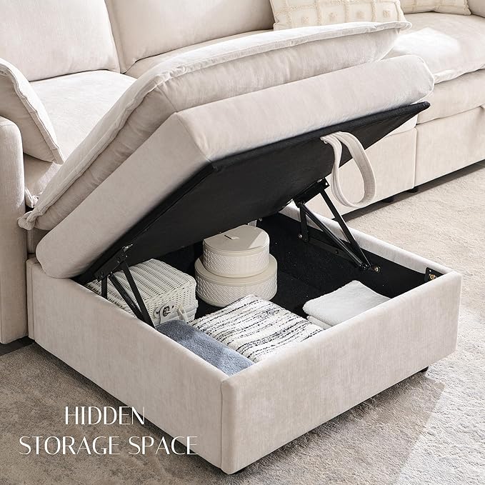 112.6" Sectional Couches for Living Room, Cloud Couch Sectional with Large Storage, U-Shape Modular Sectional Sofa with Ottoman, 6 Seater Chenille Sofa with Pillow for Apartment, Bedroom, Beige