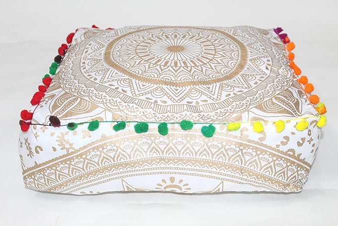 CRAFT KALA Gold Large Hippie Mandala Meditation Floor Ottoman Pillow Cushion Pouf Cover Square Poufs Bohemian Circle Floor Cushion Case Outdoor Fireplace Yoga Living Room Decor Cover 24" Square