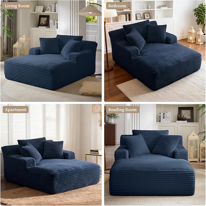 VEPXXP 66" Chaise Lounge Chair Indoor, Oversized Boneless Couch Comfy Upholstered Sleeper Sofa Bed with 3 Pillows, Corduroy Cloud Reading Chair for Living Room No Assembly Required, Blue