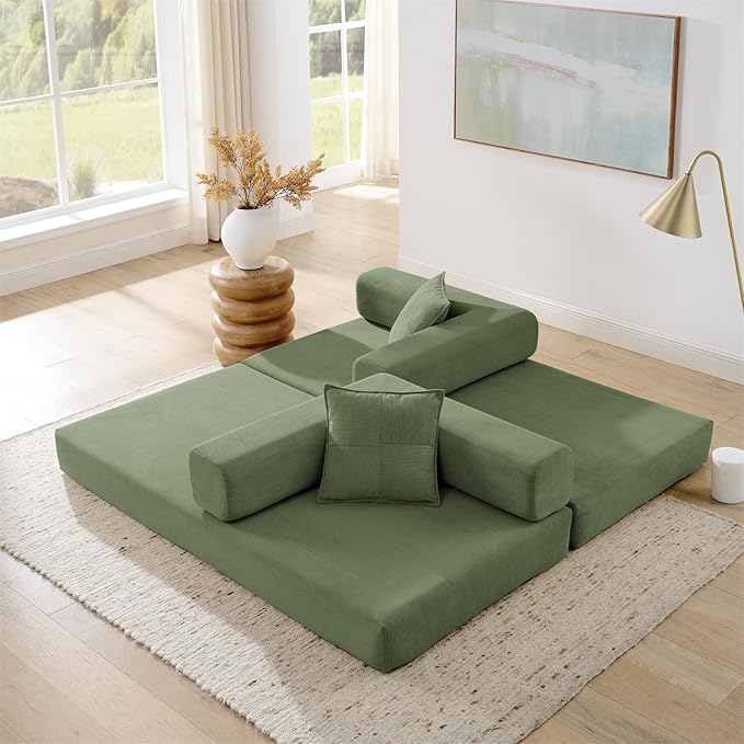 Antetek Convertible Futon Sofa Bed, 3 Seater Modern Corduroy Foam Floor King Size Bed Fold Out Sleeper Lounge Loveseat Sofa Couch with 2 Throw Pillows for Living Room Bedroom Guest Room, Green