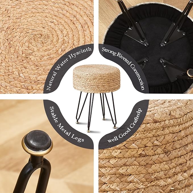 Wimarsbon Ottoman Pouf Handmade Natural Water Hyacinth,Round Footrest with 4 Metal Legs,Vanity Stool for Bedroom,Hallway,Living Room (Primary)