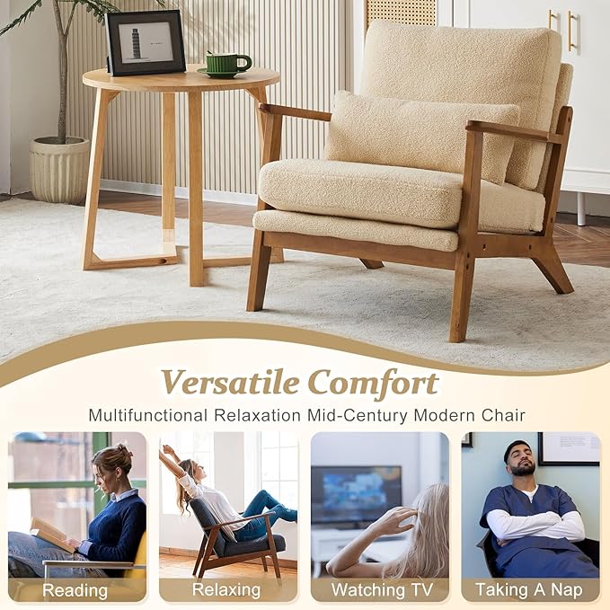 VINGLI Solid Wood Wide Armrests Accent Chair,Upholstered Mid Century Modern Chair with Pillow,Comfy Reading Chair Farmhouse Arm Chair,Chairs Living Room,Bedroom,Guest Room,Teddy Fleece,Khaki