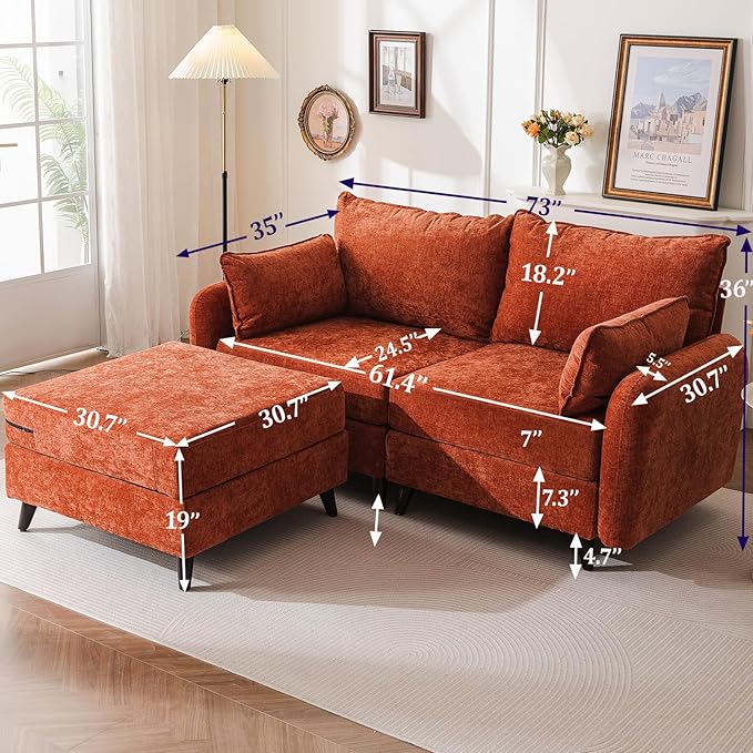 Rexulqo 73'' Loveseat Sofa with All Seats Storage, Modular Sectional Couch with Movable Ottoman,Oversized Comfy Couch with 7.8'' Cushion,24.5'' Deep Seat,for Living Room,Bedroom,Velet,Orange