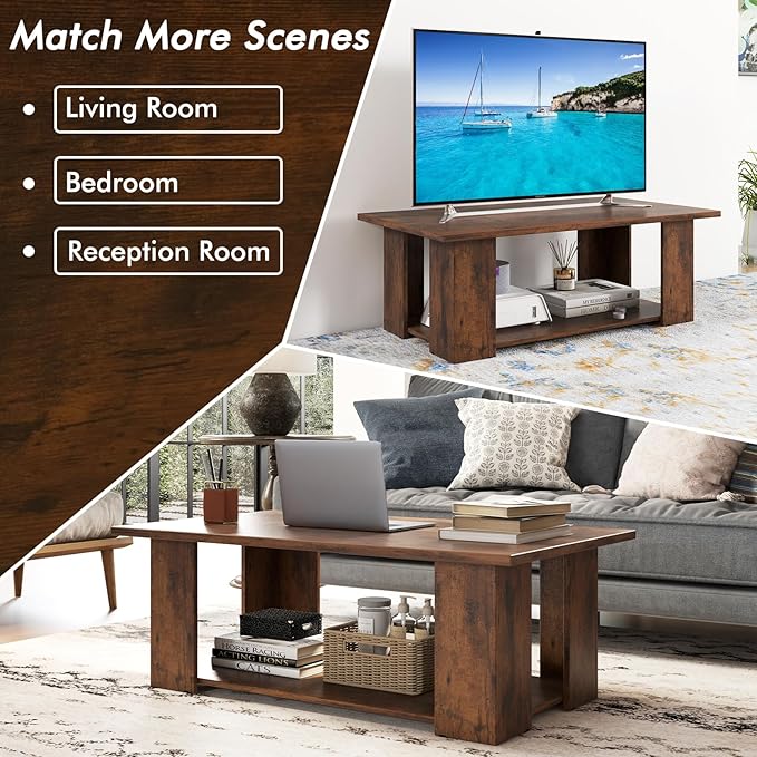 Tangkula 2-Tier Coffee Table, Modern Rectangular Center Cocktail Table with 5 Support Legs, Wooden Accent Living Room Furniture, Small Coffee Table for Small Spaces, Easy Assembly (Rustic Brown)