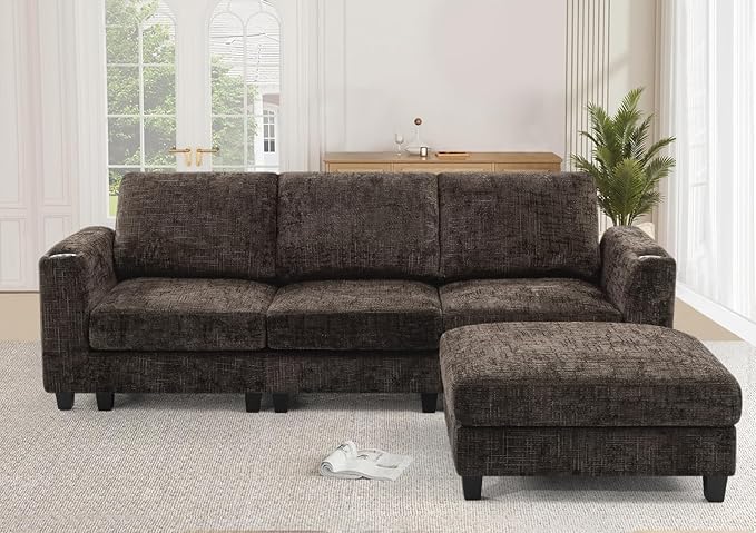 Lesofair 87" Convertible L-Shape Couch with Flexible Ottoman, Soft Sectional Sofa with 2 Built-in Cup Holders, Chenille 3 Seats Sofa with Well-Filled Back Cushions for Living Room, House, Brown