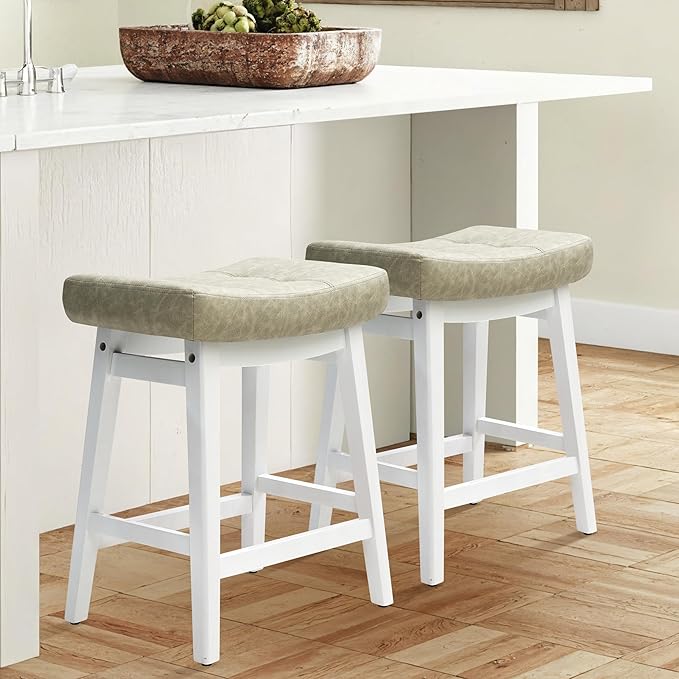 RNKSFX Counter Height Bar Stools Set of 2 for Kitchen Counter Farmhouse Modern Barstools with Faux Leather Upholstered Backless Seat and Solid Wood Legs 24 inch Bar Chairs, Light Grey + White