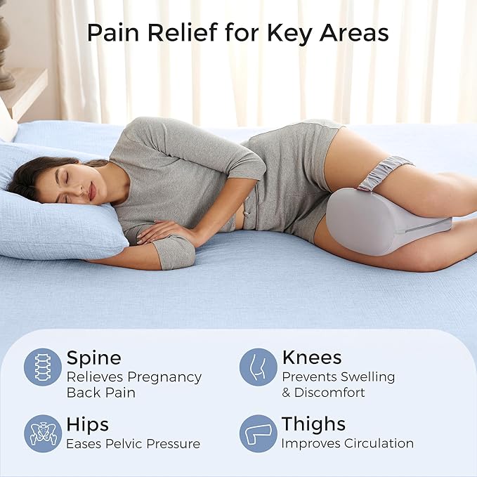 Momcozy Knee Pillow for Side Sleepers with Cooling Cover, Soft Memory Foam Spine Alignment Pregnancy Leg Pillow for Hips, Back, Sciatica Pain, Fixed Strap for Moving, Wider Contact Even Pressure