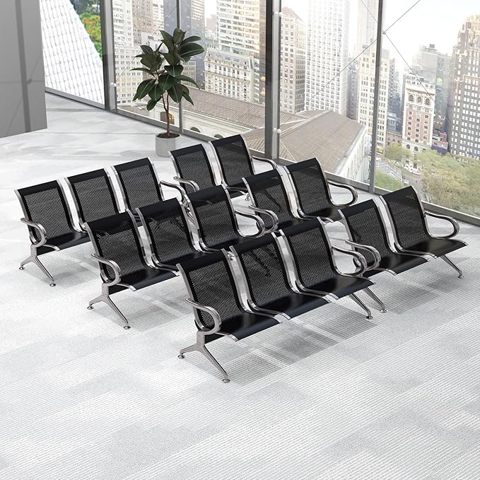 Kinfant Waiting Room Chairs Set- 3-Pieces Office Guest Reception Seat Bench with Arms for Airport, Hospital, Bank, Salon, Barbershop, Hall, Room Conference(Black Mesh)