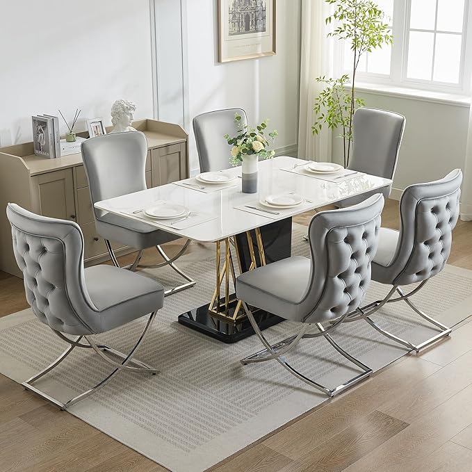 WUTUTUEE Luxury Velvet Dining Chairs, Tufted Upholstered Armless Accent Chairs with Silver Metal X-Legs, Modern Glam Dining Room Chair Set of 2, Light Grey