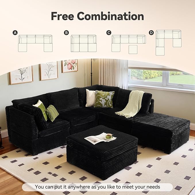 CAODOC Large 6 Seat Modular Sectional Sofa with Ottoman Seat Corduroy Sleeper Sectional Sofa Bed Oversized Convertible Modular Couch for Living Room
