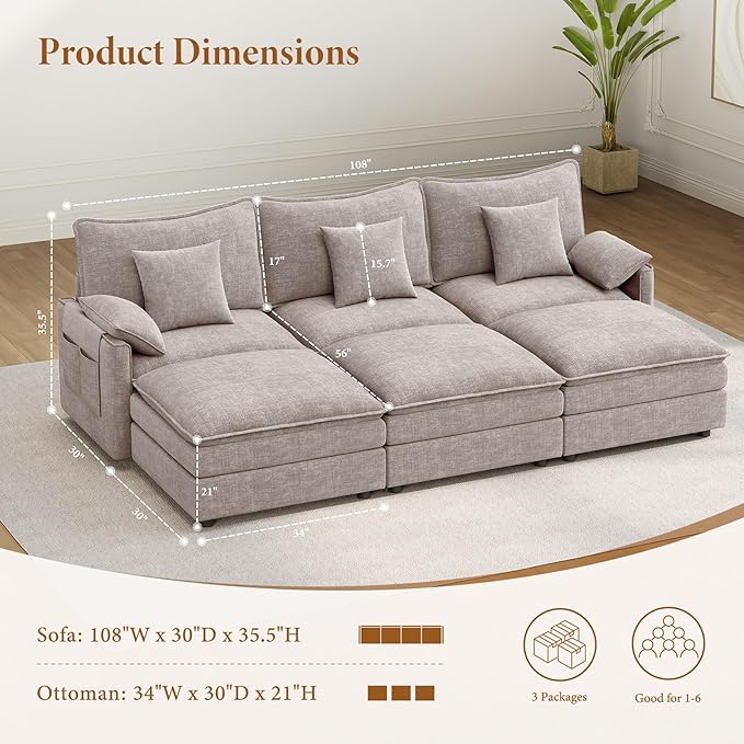Vesgantti 108" Sectional Sleeper Sofa, 6-Seater Modular Cloud Couch with Flexible Ottomans, Chenille Large Sofa Bed Convertible Deep Seat Couches for Living Room, Bedroom and Apartment, Light Brown