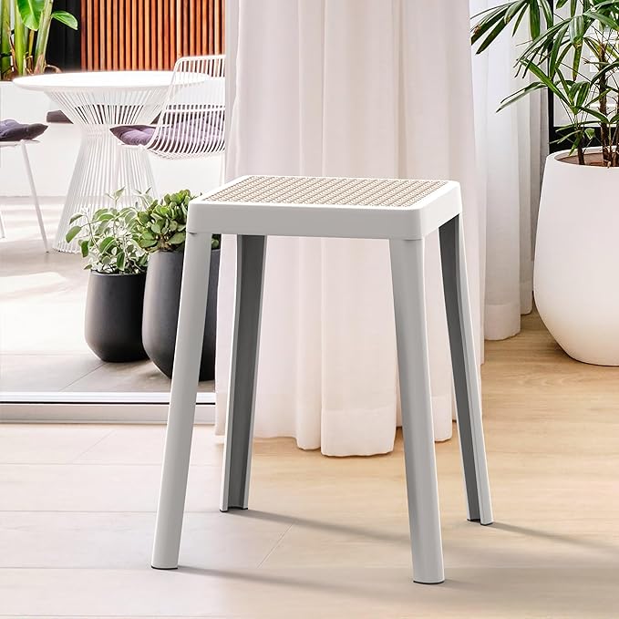 LeisureMod Stackable Square Plastic Dining Stool - Mid-Century Modern Backless Accent Stool with Wicker Top for Kitchen & Dining Room, White