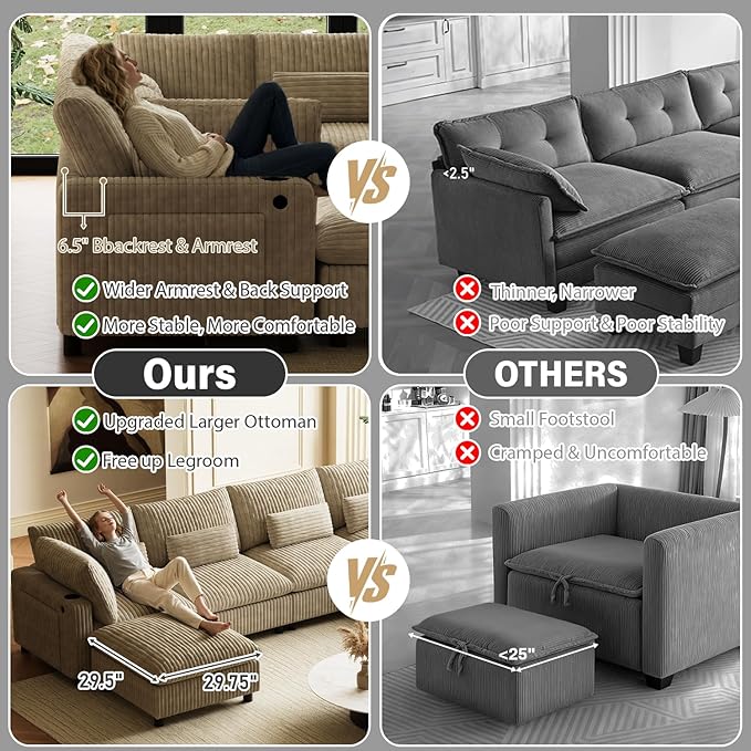 130" W x 67" D U Shape Sectional Sofa with USB Charging & Cup Holder & Storage, 6 Seater Plush Corduroy Couches with Movable Ottoman, Cloud Couch Sofas for Living Room, DIY Combination - Light Camel