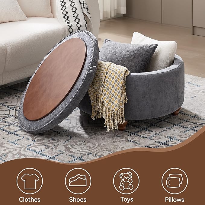 WUTUTUEE 30Inch Round Storage Ottoman with Tray, Modern Tufted Circle Coffee Table with Storage, Upholstered Ottoman with Removable Top for Living Room, Bedroom, Chenille Blue