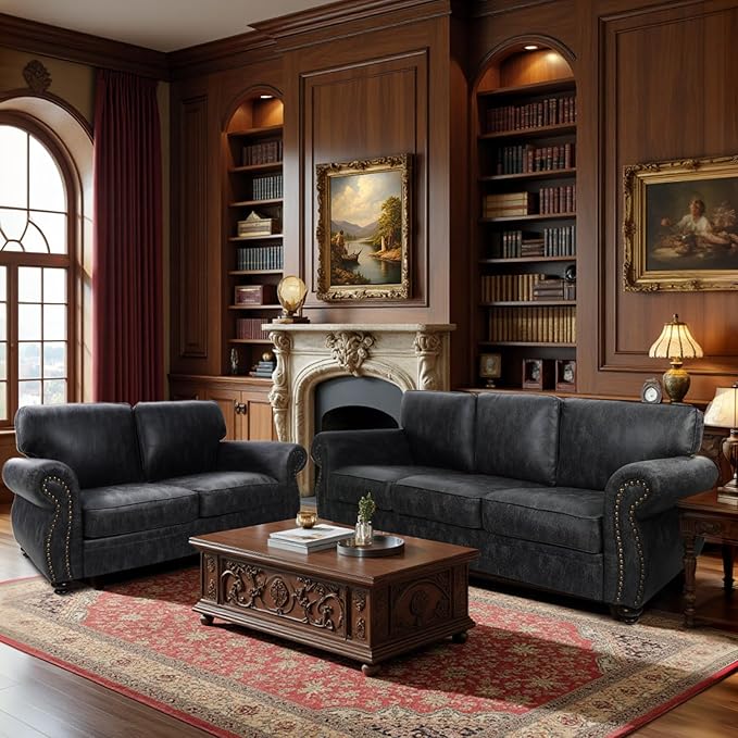 Couchus Living Room Furniture Sets,Sofa Sets and Couch Sets for Living Room,Mid-Century Vintage Sofa Couches with Rivet Design (Grey, Loveseat+3 Seater)