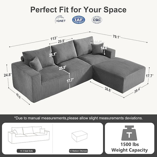 113" Modular Sectional Sofa, Compression Sofa with Deep Seat, Convertible L Shape Couch with Ottoman, Upholstered Couches for Living Room Bedroom,No Assembly Required (Grey Corduroy, 113" L Shape)