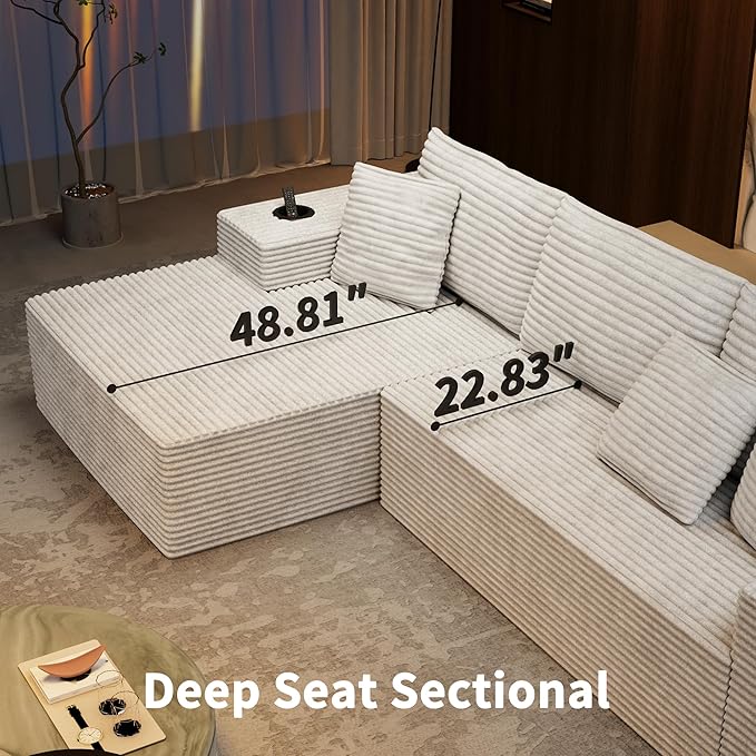 Cibert 104.3" Modular Sectional Sofa with Ottoman, Beige Boneless Couch Left Facing Chaise U Shaped Couches with USB Ports, 2 Cup Holders, 2 Storage Bags & Lint Remover, No Assembly Sectional Couch
