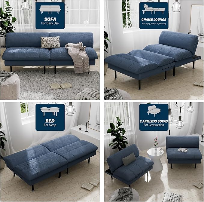 70" Futon Sofa Bed, 4 in 1 Multi-Function Couch Sleeper with Adjustable Backrest, Modern Convertible Futon, Recliner Small Loveseat for Living Room, Dorm, Blue