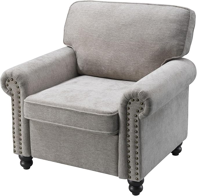 Nailhead Armchair, Rolled Arms Accent Chair for Living Room, Single Sofa Chair with Springs Seat Cushion & Wooden Legs, Mid-Century Armchair for Apartment, Office, Farmhouse, Beige