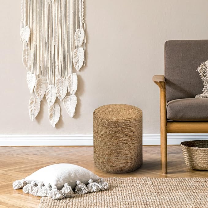 Wimarsbon Natural Seagrass Foot Stool, Hand Weaving Round Ottoman, for Living Room, Outdoor Seat (Natural)
