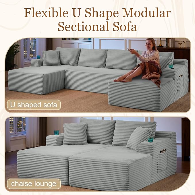 134 Inch Modular Sectional Sleeper Sofa, Boneless Cloud Couch for Living Room, U Shaped 5 Seat Sofa with 2 Storage Pockets& 2 Cup Holders, Free Combination, No Assembly Required (Light Grey)