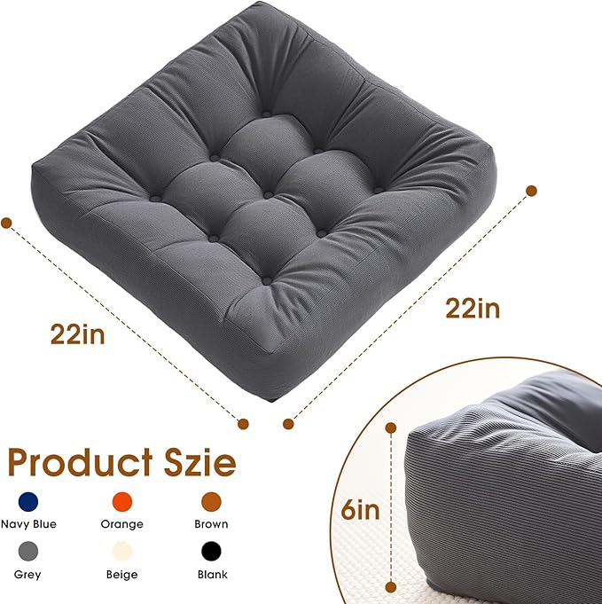 Tikuns Floor Pillows for Adults, 22 * 22 * 6 Inch Meditation Cushions, 22 * 22 * 6 Inch Large Square Sitting Cushion Living Room Memory Foam Pillow for Sitting (1, Grey, 22x22x6 Inch)