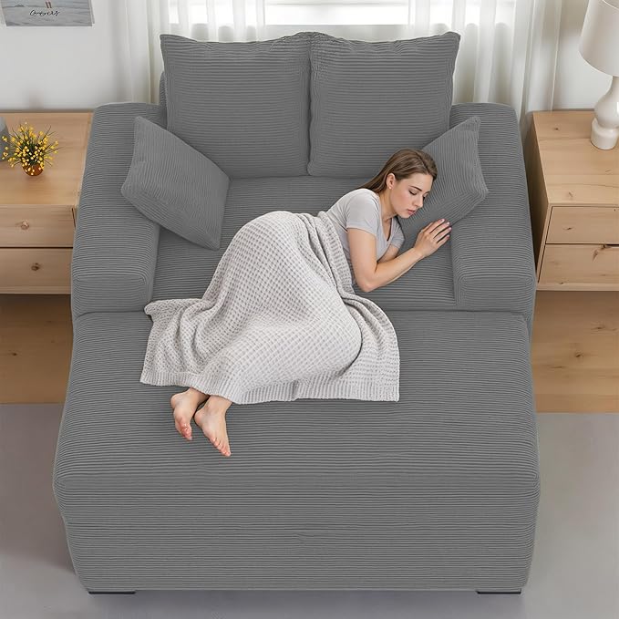 Indoor Chaise Lounge Chair with Storage Ottoman, Modern 60-Inch Lounge Sofa Chair with Wide Armrests & 4 Pillows, Oversized Comfy Reading Lounger for Living Room, Bedroom（Medium-Rib Corduroy Grey）