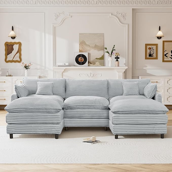 HYJT-H&K 108" U Shaped Cloud Couch Modular Grey Sectional Couches for Living Room, Comfy Fluffy Corduroy Oversized Cloud Sectional Couch Large 5 Seat Sectionals Sofa Set, Grey
